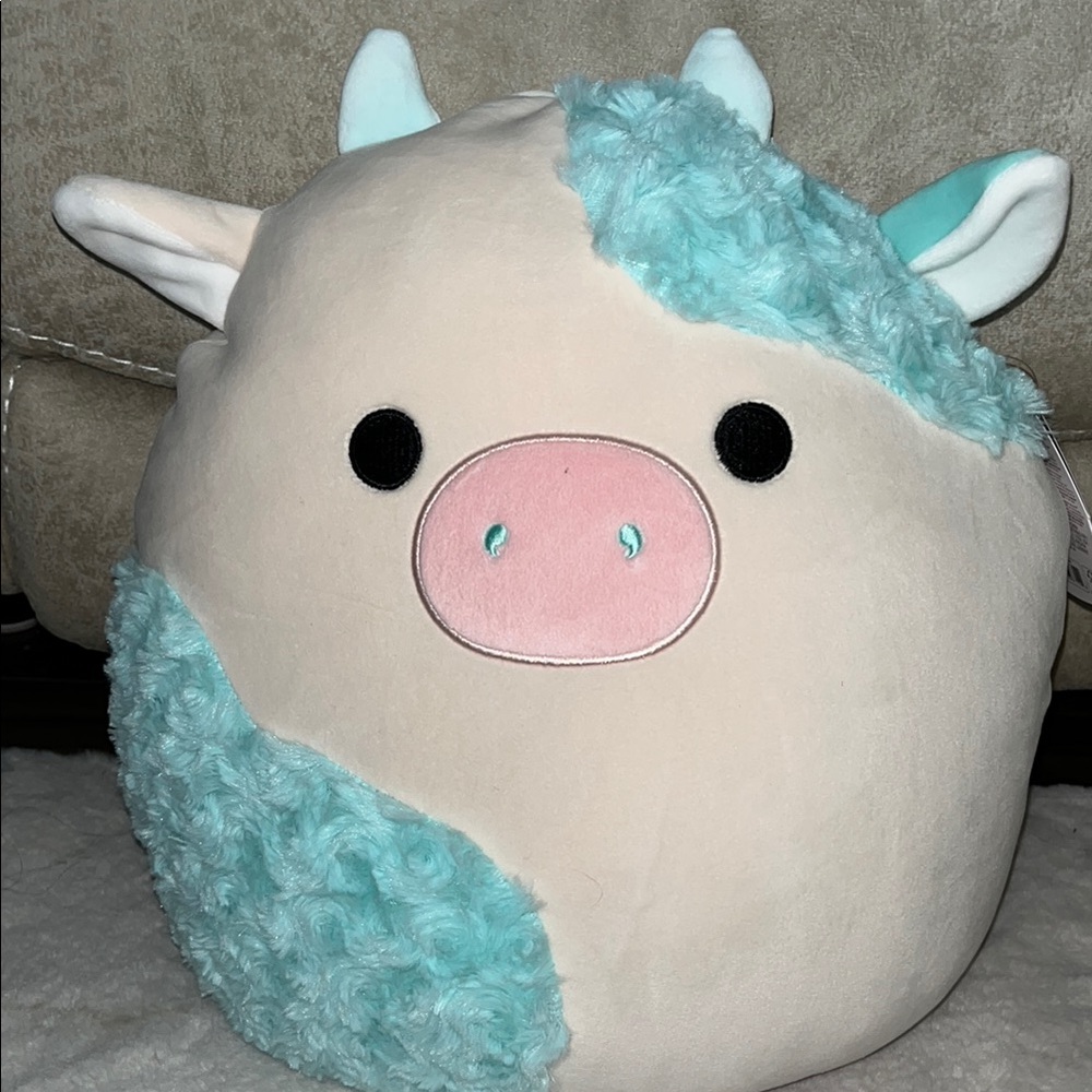 ON HOLD 🐮 Squishmallows Clint the Easter Cow FTM 12” Light Blue Rosette Fuzz NWT